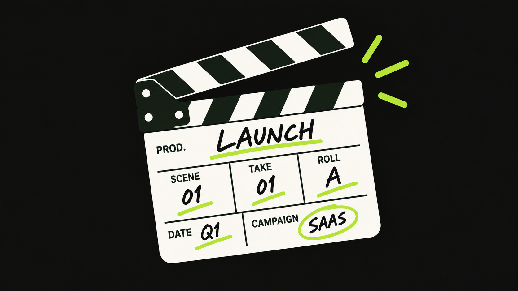 Flat 2D illustration of a film clapperboard labelled “Launch” and “SaaS”, with lime green and off-white stripes on a black background.
