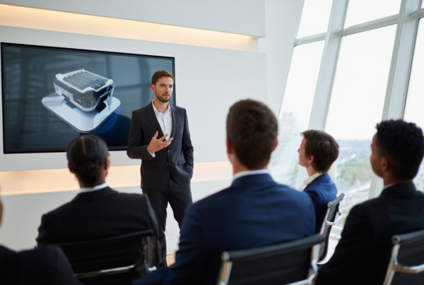 start-up business owner giving a pitch video presentation in front of potential investors