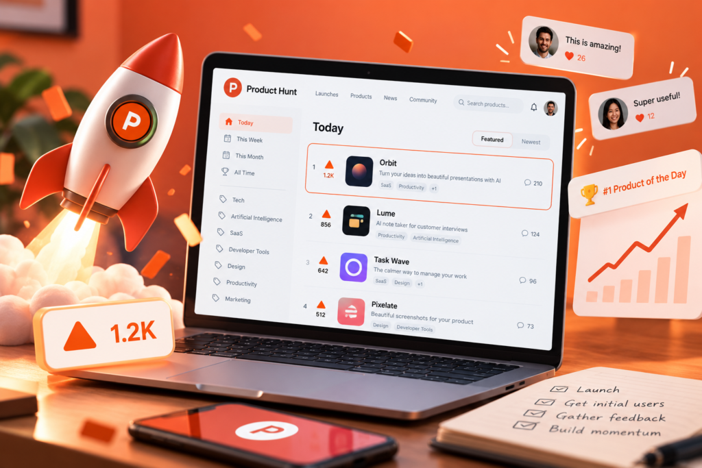 Product hunt launch thumbnail launch on computer