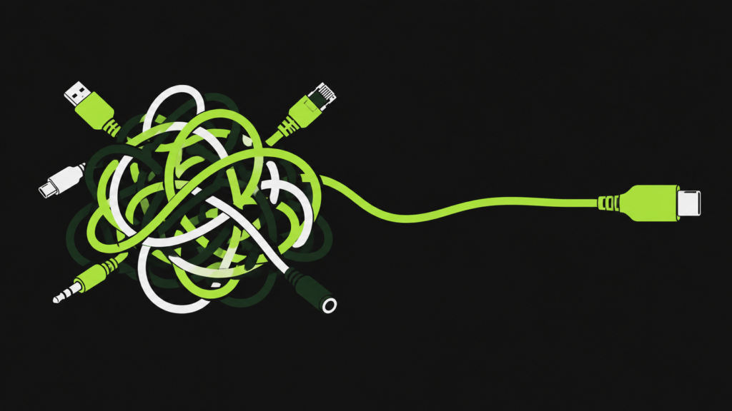 Bundled tech wires to a clear usb connection